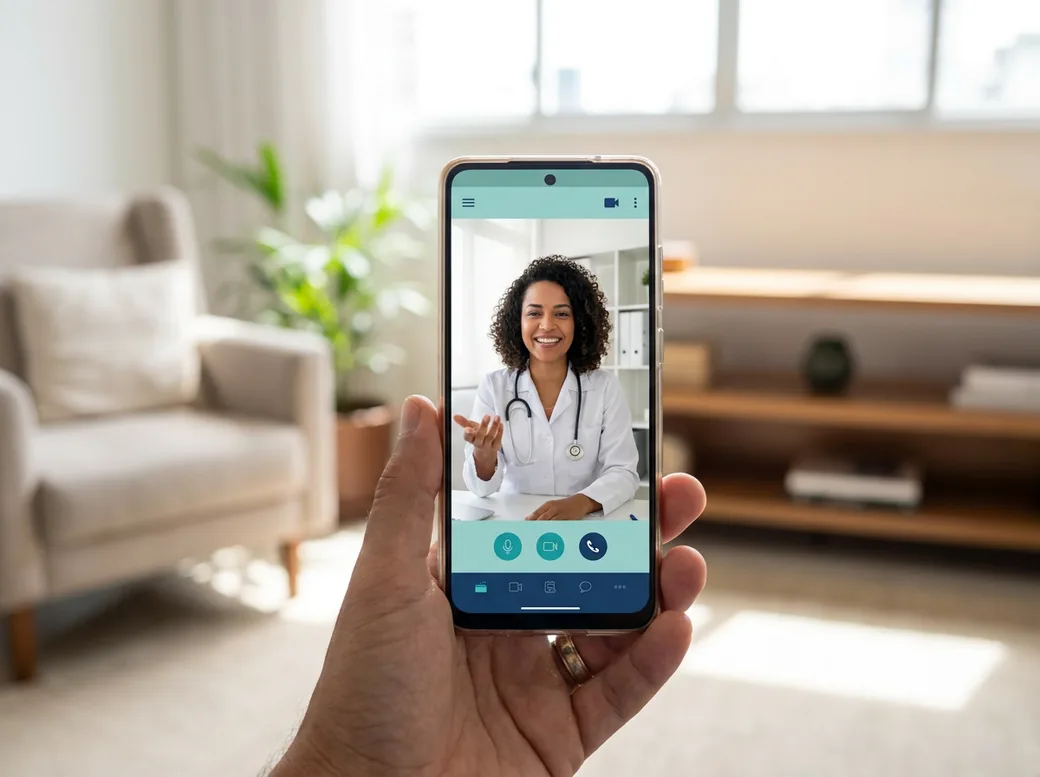Paciente segurando o celular durante uma videochamada com uma médica brasileira