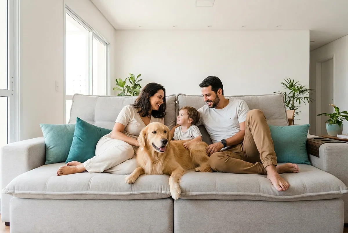 Família brasileira feliz e saudável em casa nos EUA, com um cachorro no sofá