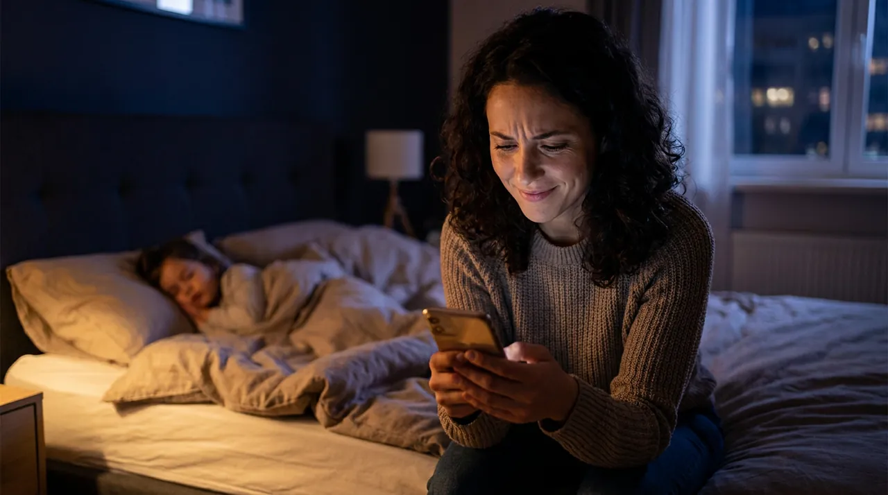Mãe brasileira ao telefone à noite, aliviada, com o filho dormindo ao fundo