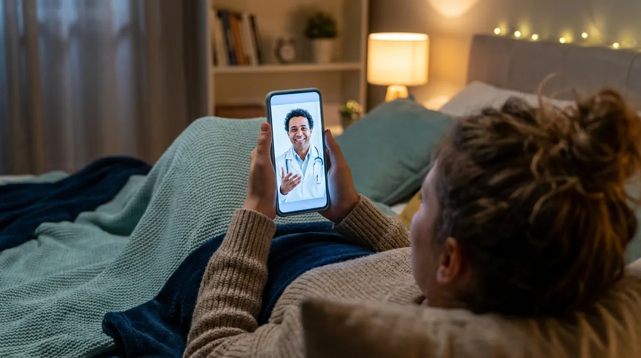 Pessoa deitada em casa fazendo uma videochamada com um médico brasileiro no celular